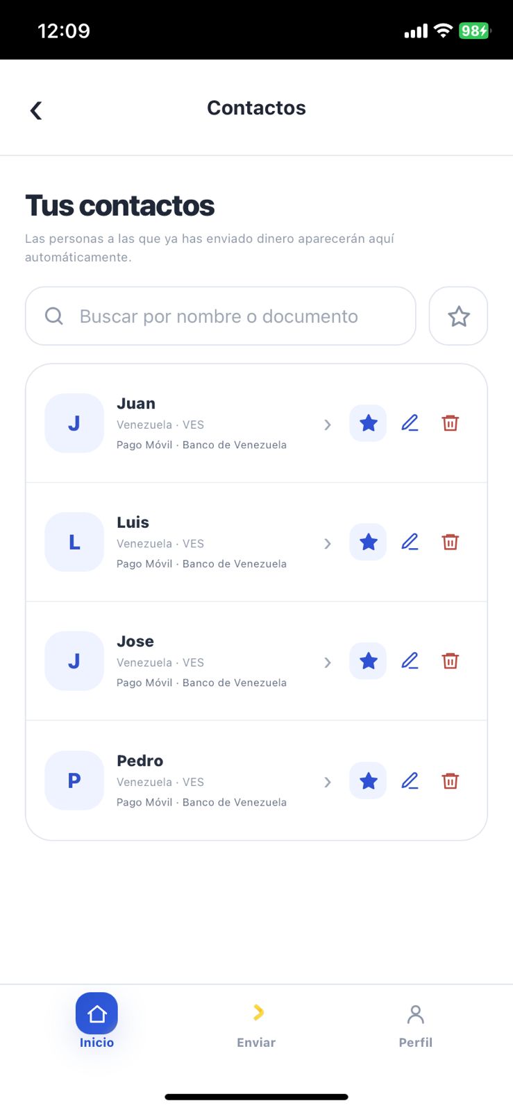 Pantalla real de contactos guardados en Emony
