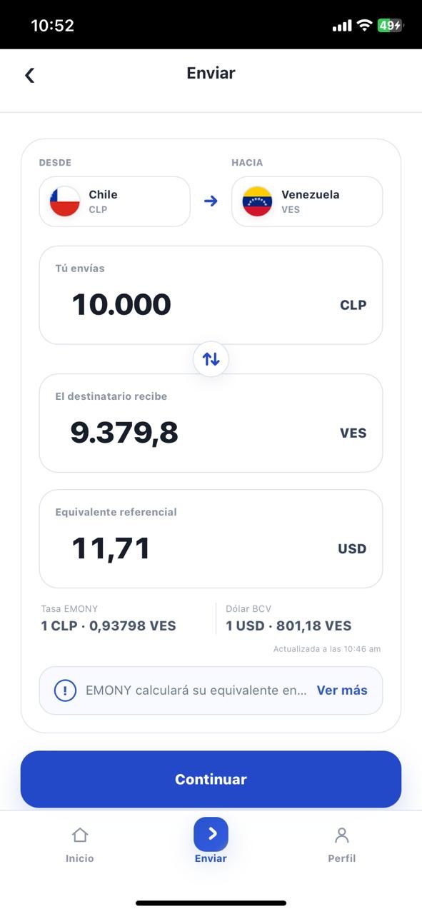 Pantalla real para cotizar y enviar dinero en Emony