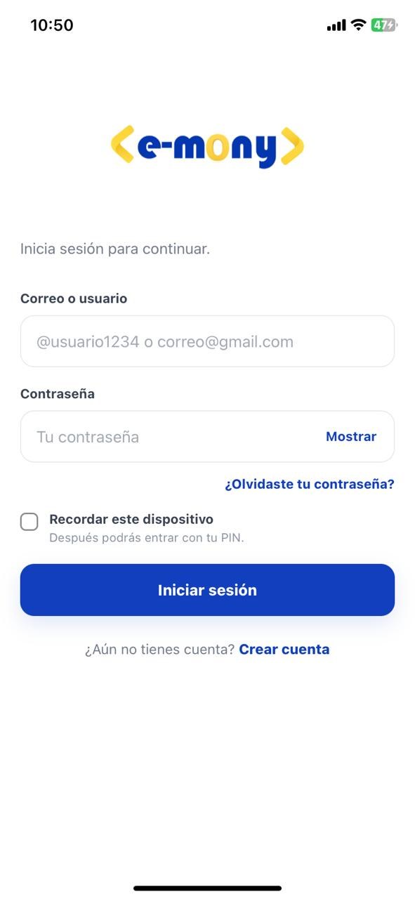Pantalla real de acceso a Emony