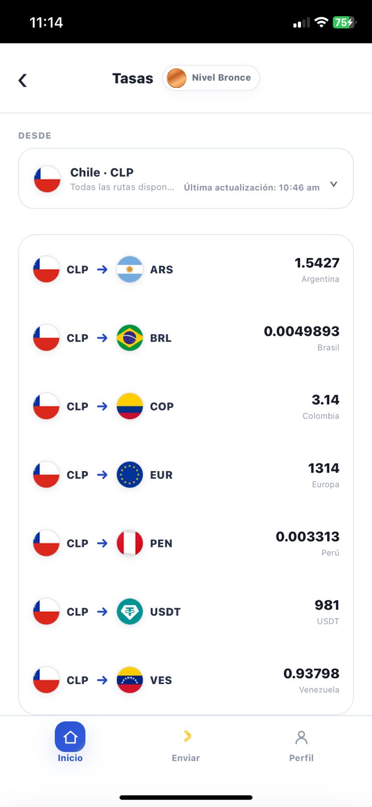 Pantalla de tasas por destino en la app Emony